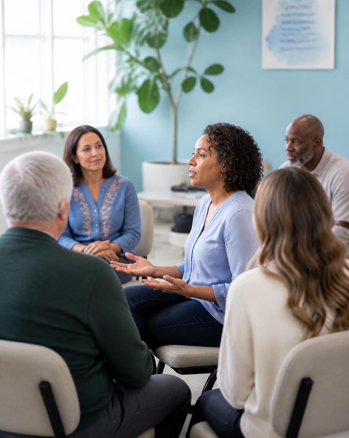 Diverse group therapy session in a bright, welcoming community room